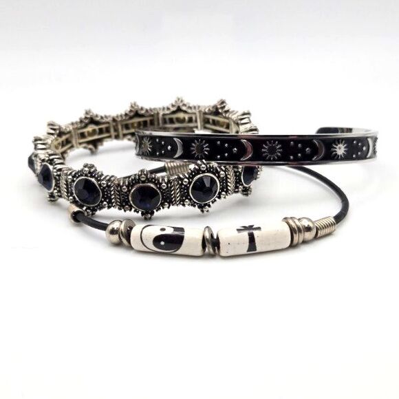 Variety Set of 3 Silvertone Bracelets - Cord with Beads, Celestial Cuff, Stretch - Picture 2 of 7